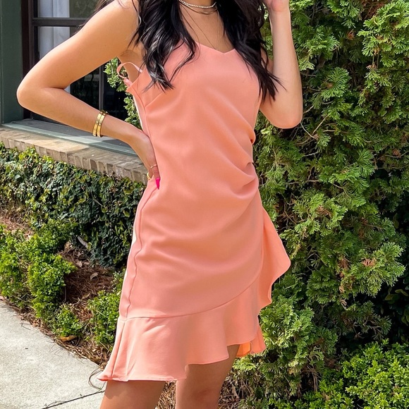 Spaghetti Strap Simple Dress with Notch Neck Peach